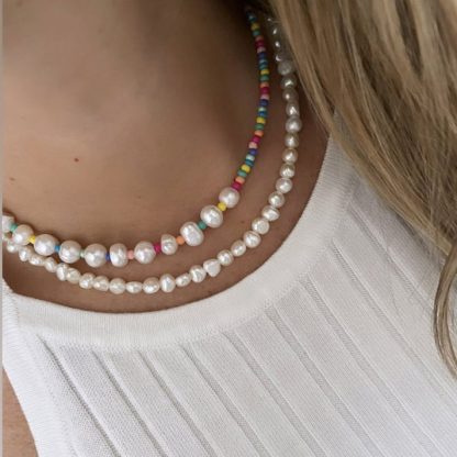 Colorful Beads Stitching Natural Freshwater Pearl Necklace a b