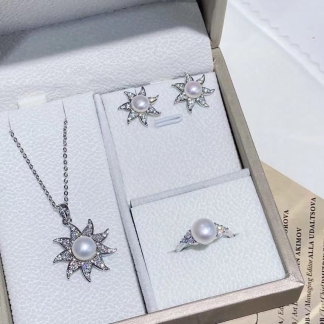 freshwater pearl jewelry set	,	plated with sliver /zircon	,	Pearl Size :	6-8mm	,	Pearl Necklace Length :	adjustable/40+5cm	(	MJ-2243	)