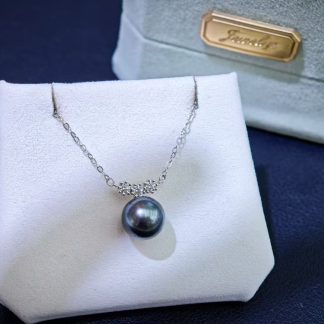 9-10mm Tahitian black pearl necklace, S925 silver chain (MJ-3004)