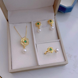 Freshwater pearl jewelry set	,	plated with18k gold	,	Pearl Size :	6-8mm	,	Pearl Necklace Length :	adjustable/40+5cm	(	MJ-2228	)