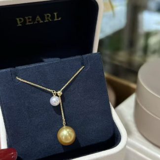 6-7mm Japanese akoya pearl & 10-11mm south sea golden pearl necklace, S925 silver plated with 18K gold, 45cm (MJ-3024)