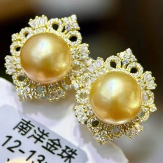 12-13mm south sea golden pearl earrings, S925 silver plated with 18k gold (MJ-3026)