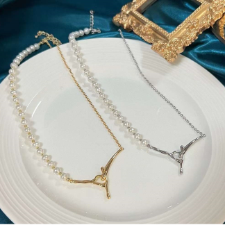 freshwater pearl necklace	,	plated with 14k gold	,	Pearl Size :	6-7mm	,	Pearl Necklace Length :	40+5cm	(	MJ-2002	)