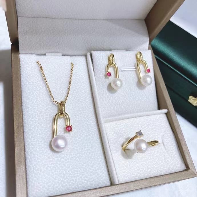 Freshwater pearl jewelry set , plated with18k gold , Pearl Size : 6-8mm , Pearl Necklace Length : adjustable/40+5cm ( MJ-2251 )