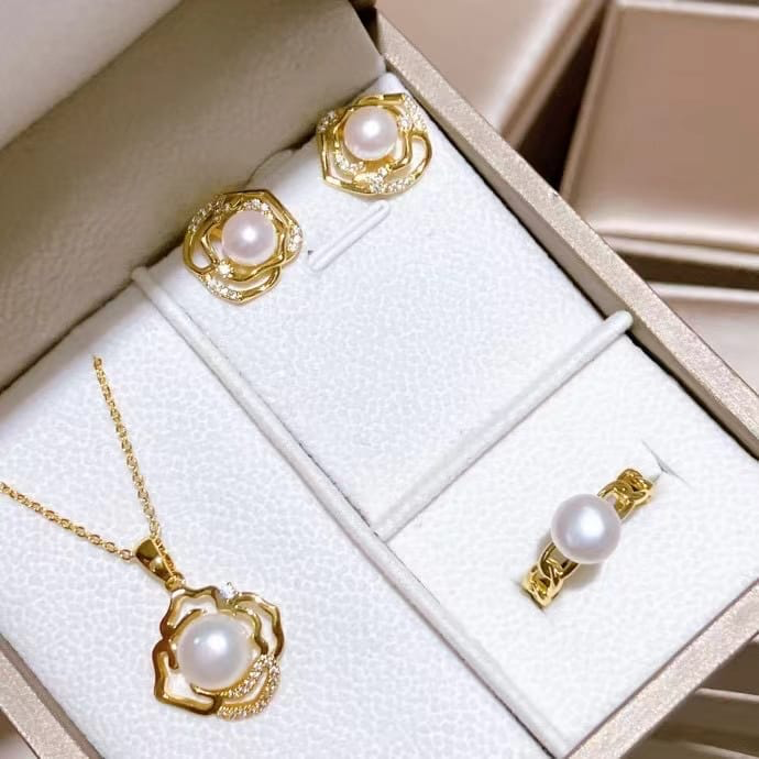 Freshwater pearl jewelry set , plated with18k gold , Pearl Size : 6-8mm , Pearl Necklace Length : adjustable/40+5cm ( MJ-2253 )