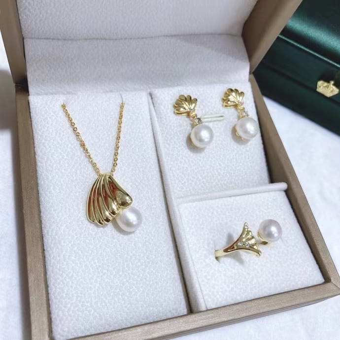 Freshwater pearl jewelry set , plated with18k gold , Pearl Size : 6-8mm , Pearl Necklace Length : adjustable/40+5cm ( MJ-2272 )
