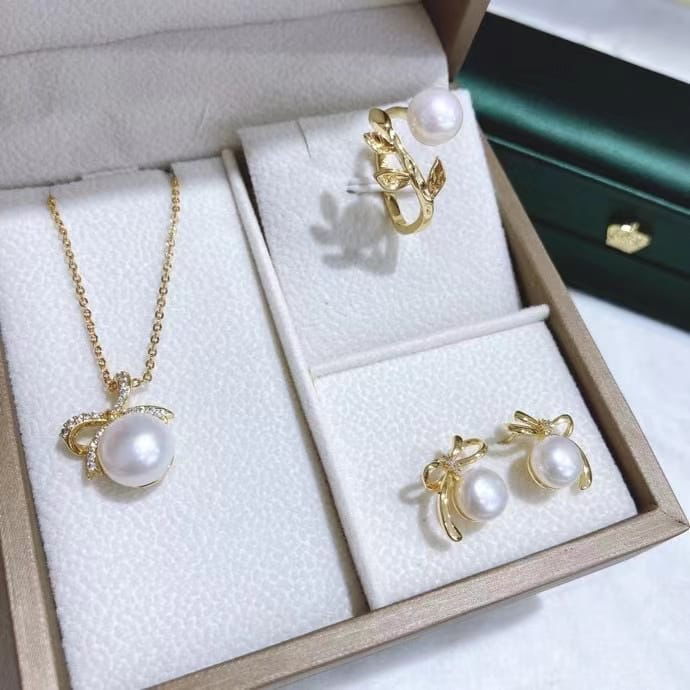 Freshwater pearl jewelry set , plated with18k gold , Pearl Size : 6-8mm , Pearl Necklace Length : adjustable/40+5cm ( MJ-2274 )