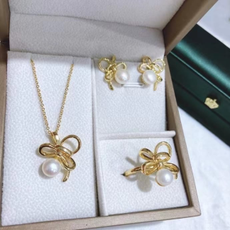 Freshwater pearl jewelry set	,	plated with18k gold	,	Pearl Size :	6-8mm	,	Pearl Necklace Length :	adjustable/40+5cm	(	MJ-2275	)