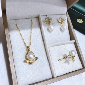Freshwater pearl jewelry set	,	plated with18k gold	,	Pearl Size :	6-8mm	,	Pearl Necklace Length :	adjustable/40+5cm	(	MJ-2279	)