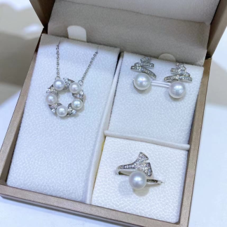 Freshwater pearl jewelry set	,	plated with sliver /zircon	,	Pearl Size :	6-8mm	,	Pearl Necklace Length :	adjustable/40+5cm	(	MJ-2288	)