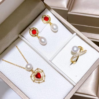 Freshwater pearl jewelry set	,	plated with18k gold	,	Pearl Size :	6-8mm	,	Pearl Necklace Length :	adjustable/40+5cm	(	MJ-2291	)