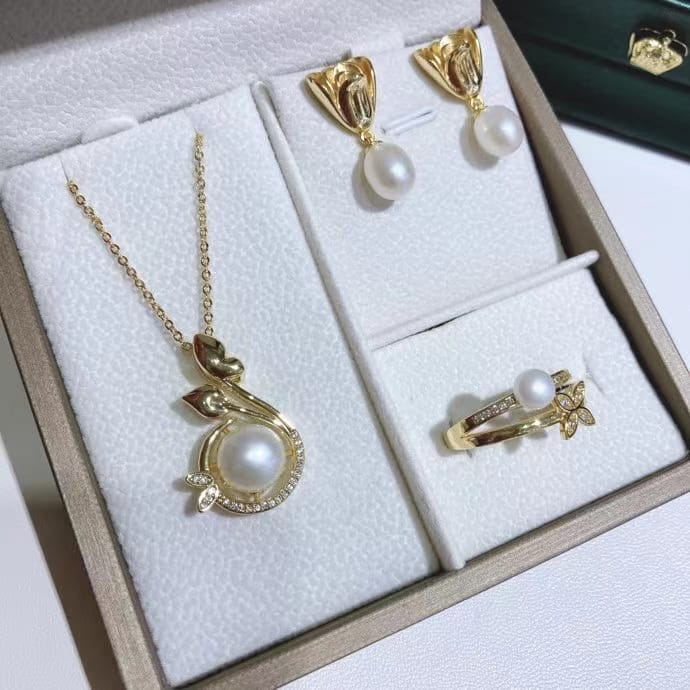 Freshwater pearl jewelry set , plated with18k gold , Pearl Size : 6-8mm , Pearl Necklace Length : adjustable/40+5cm ( MJ-2302 )