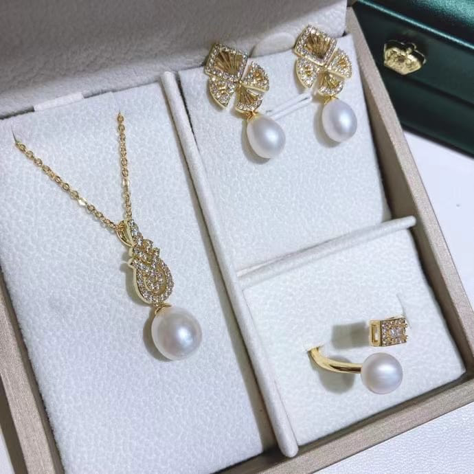 Freshwater pearl jewelry set , plated with18k gold , Pearl Size : 6-9mm , Pearl Necklace Length : adjustable/40+5cm ( MJ-2303 )